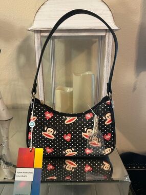 Paul Frank Black Shoulder Bag with Monkey and Heart Print